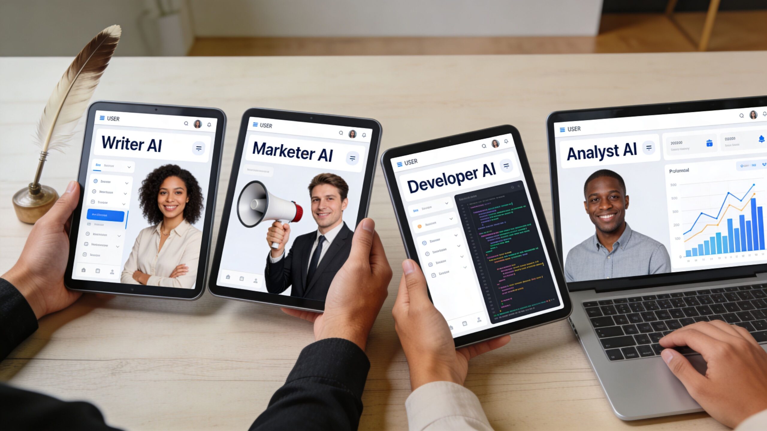 A person holds multiple tablets displaying different AI interfaces including writing, marketing, development, and data analyst tools.