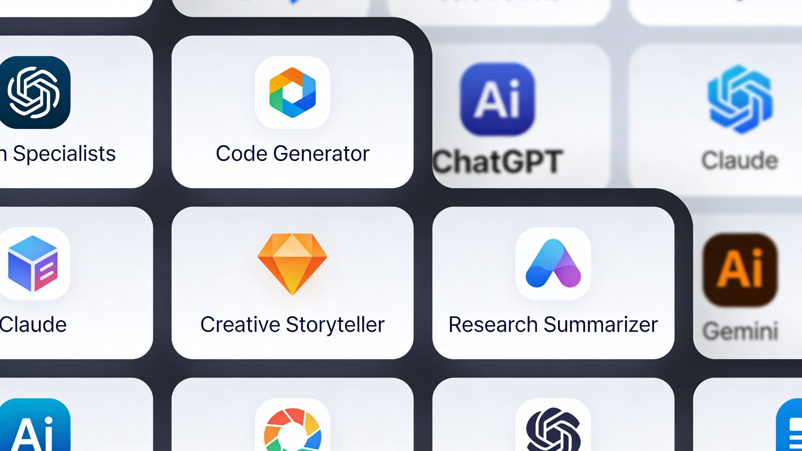 A grid of icons representing various artificial intelligence tools and AI-powered writing assistant applications on a screen.