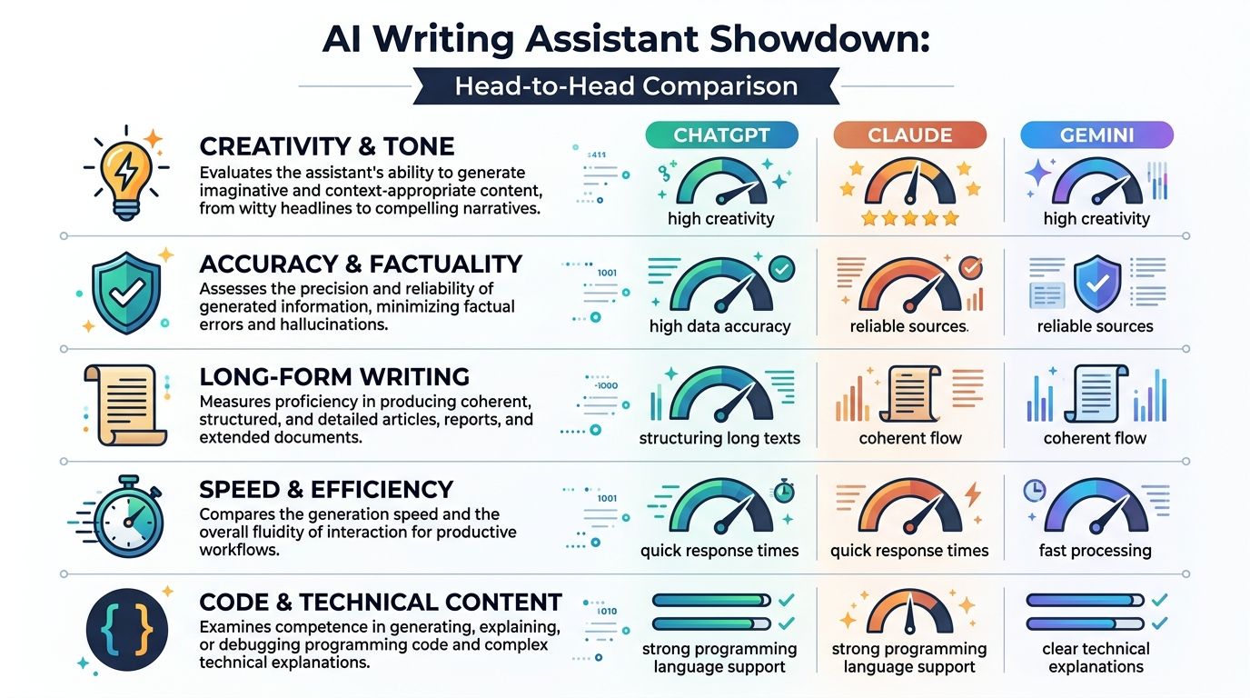 A comparison chart showing how ChatGPT, Claude, and Gemini perform across five key writing and technical categories.