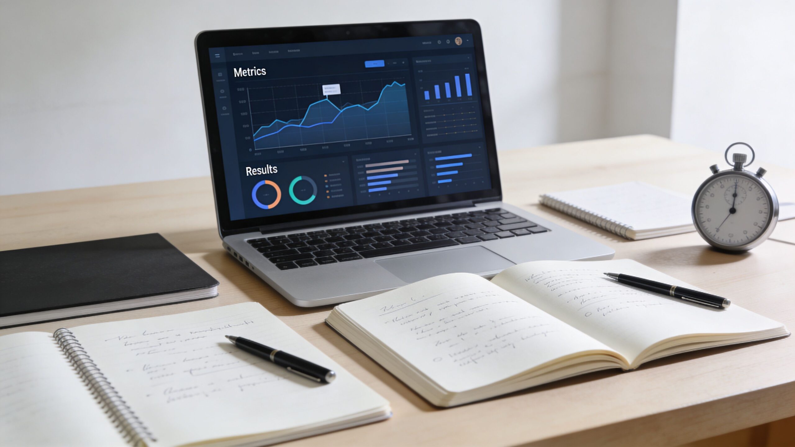A modern workspace featuring a laptop displaying data analytics charts, notebooks, pens, and a vintage stopwatch.