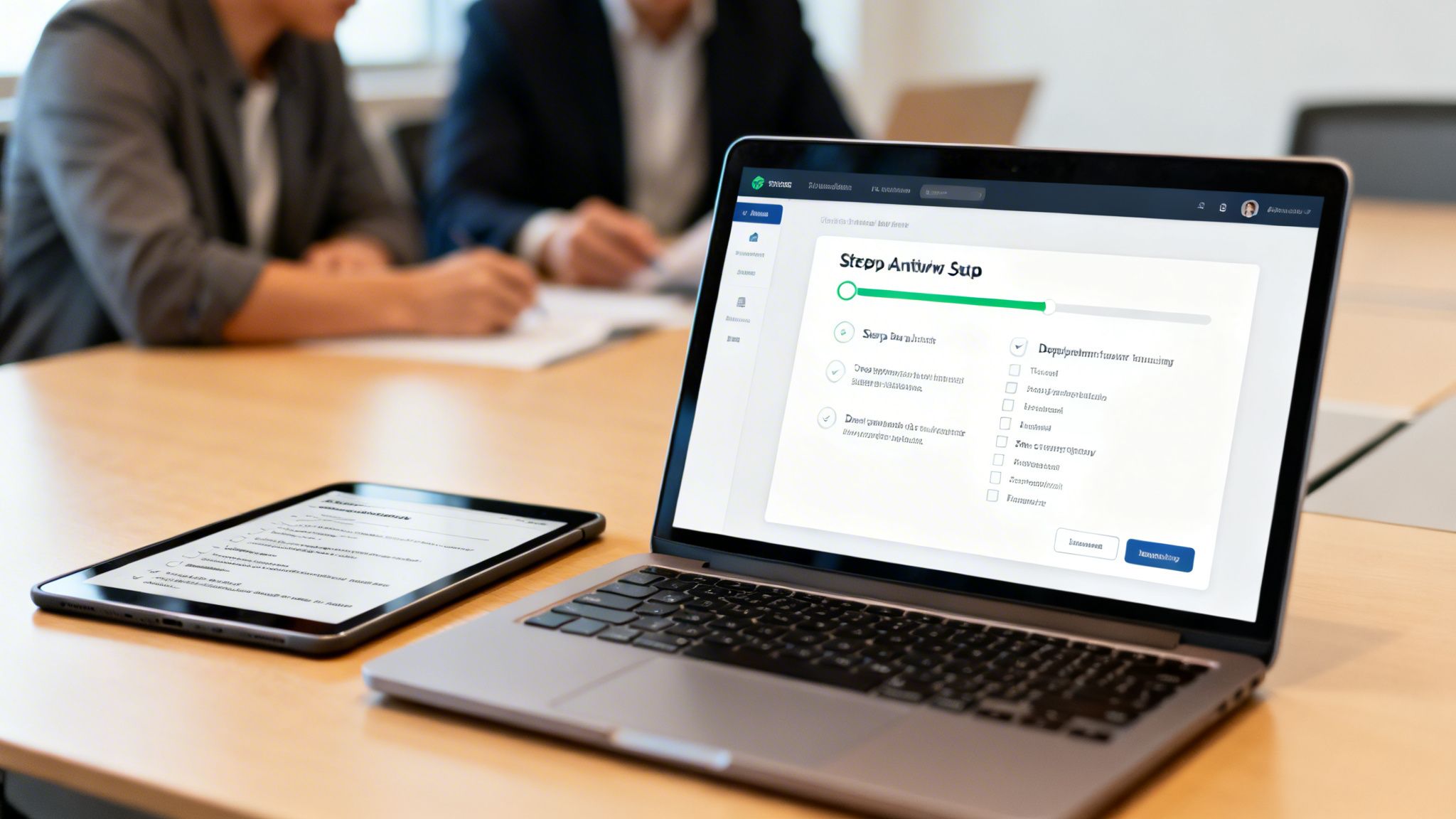 A laptop displays antivirus software progress on a table, with a tablet nearby in a business meeting.