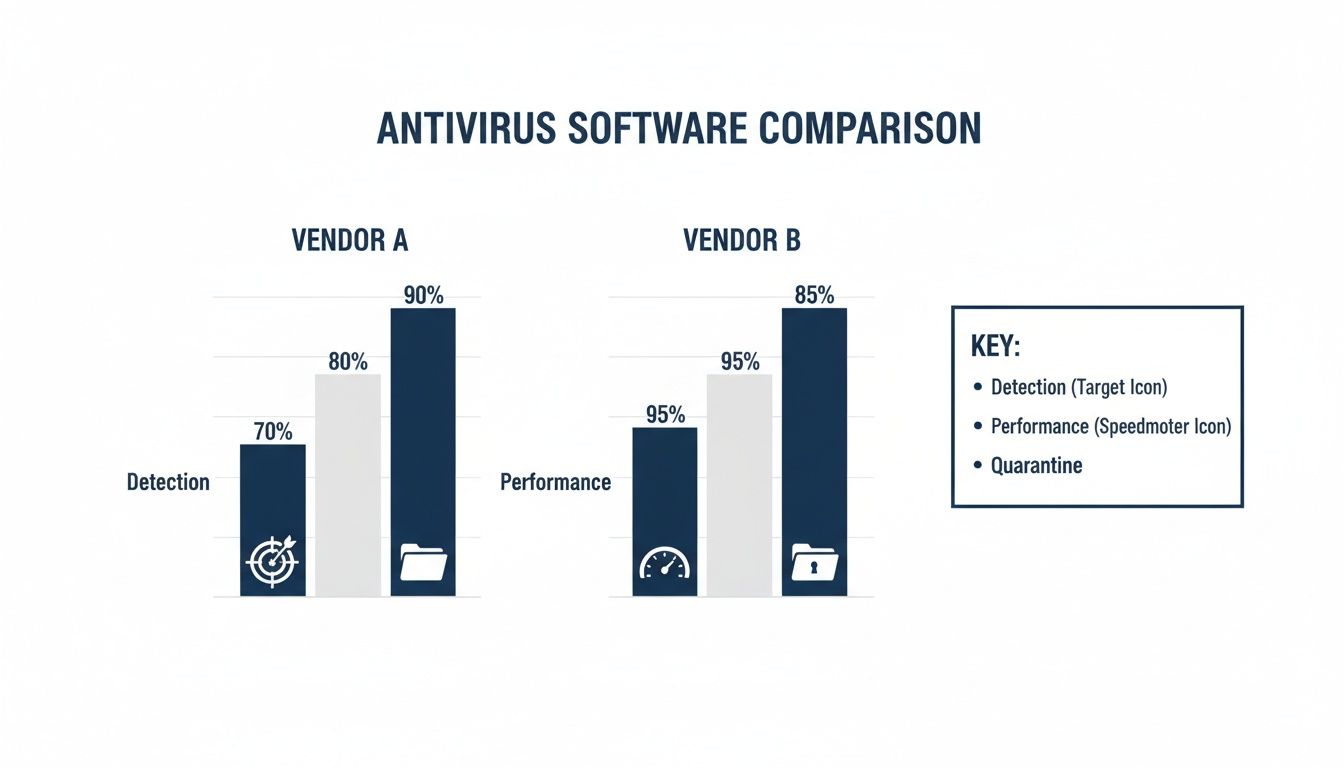 Bar chart comparing antivirus software vendors A and B across detection, performance, and quarantine metrics.