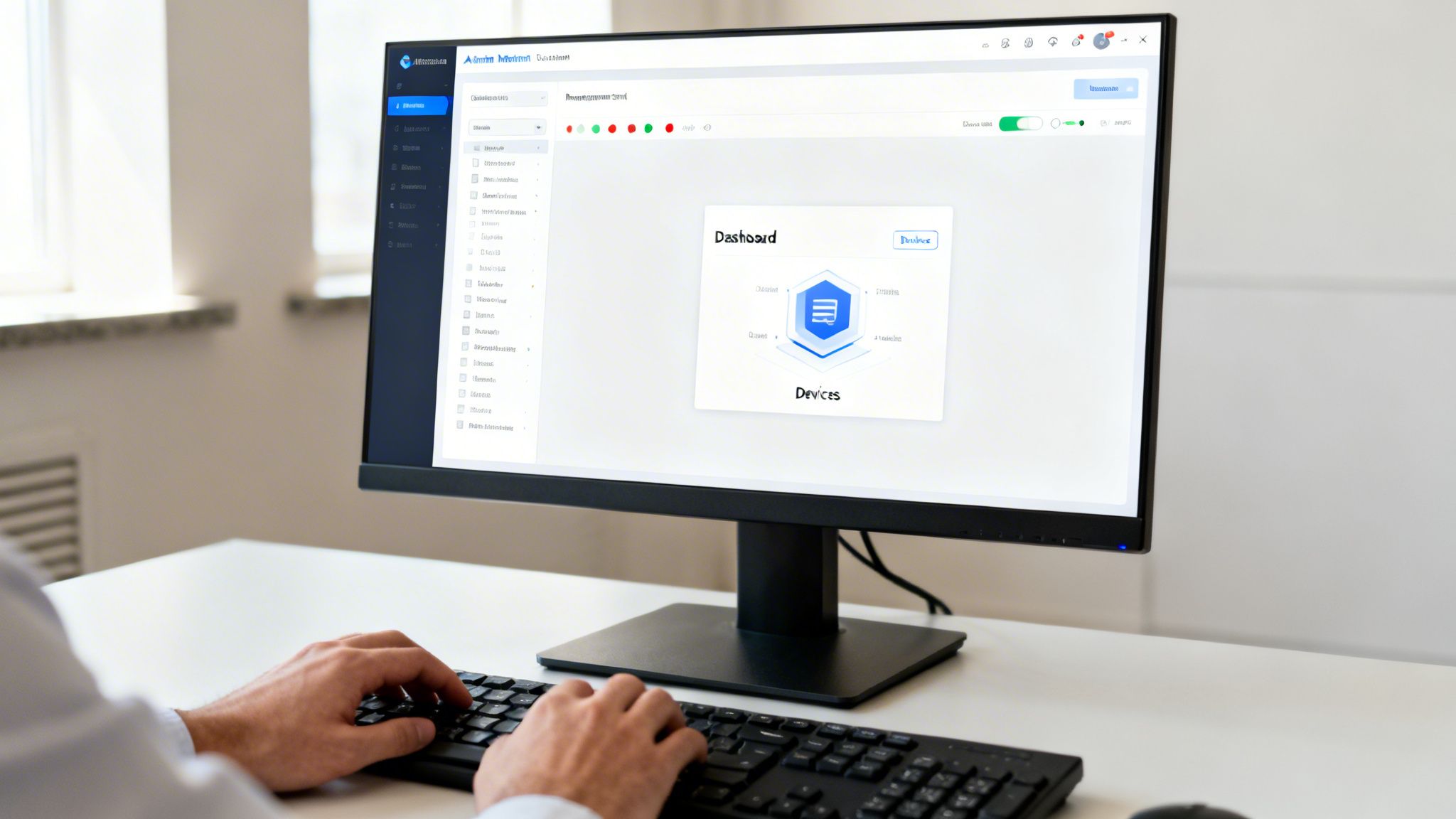 Person typing on a keyboard while viewing a computer screen displaying a software dashboard for managing devices.