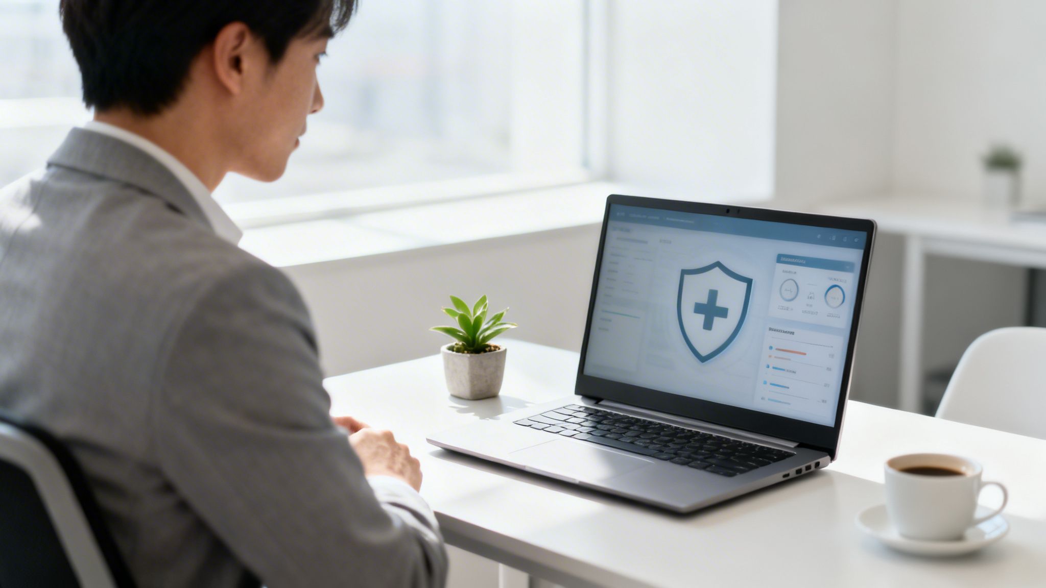 A businessman reviews health insurance or security data on a laptop in a modern office.