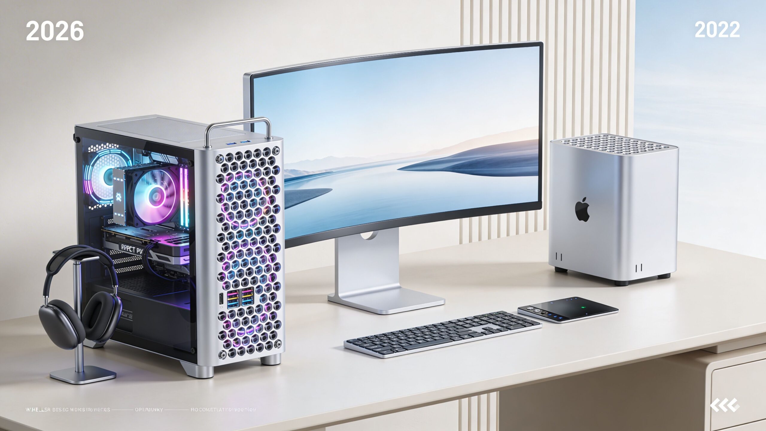 A sleek modern desk setup featuring two computer towers, a curved monitor, and matching peripherals.