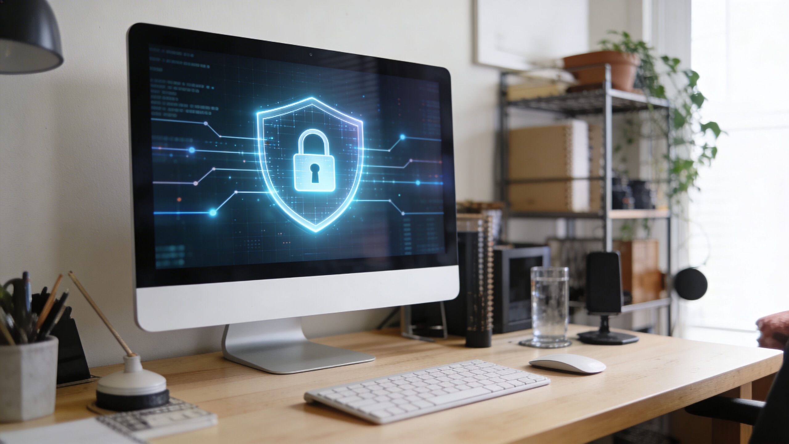A modern computer monitor on a wooden desk displaying a digital security shield and padlock icon.