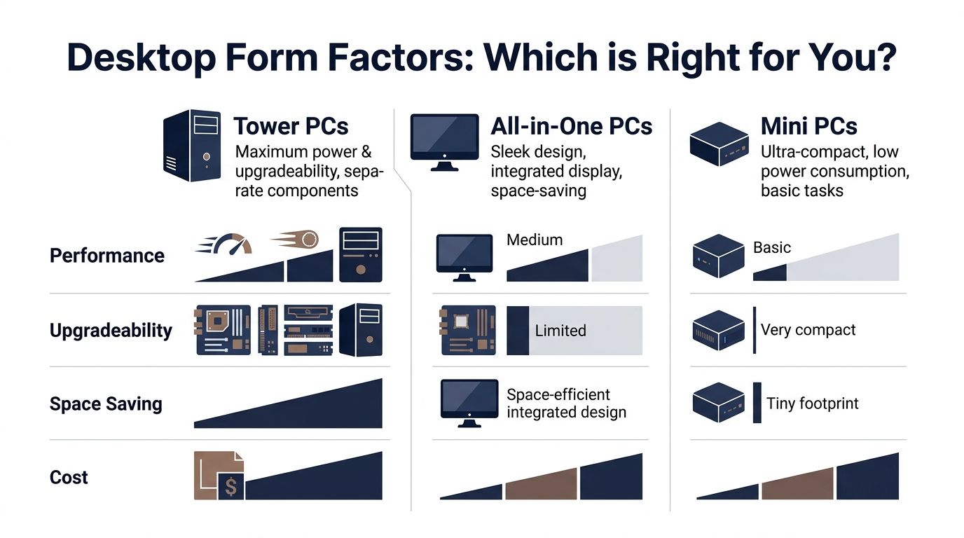 A comparison chart showing features like performance, upgradeability, and cost for tower PCs, all-in-one PCs, and mini PCs.