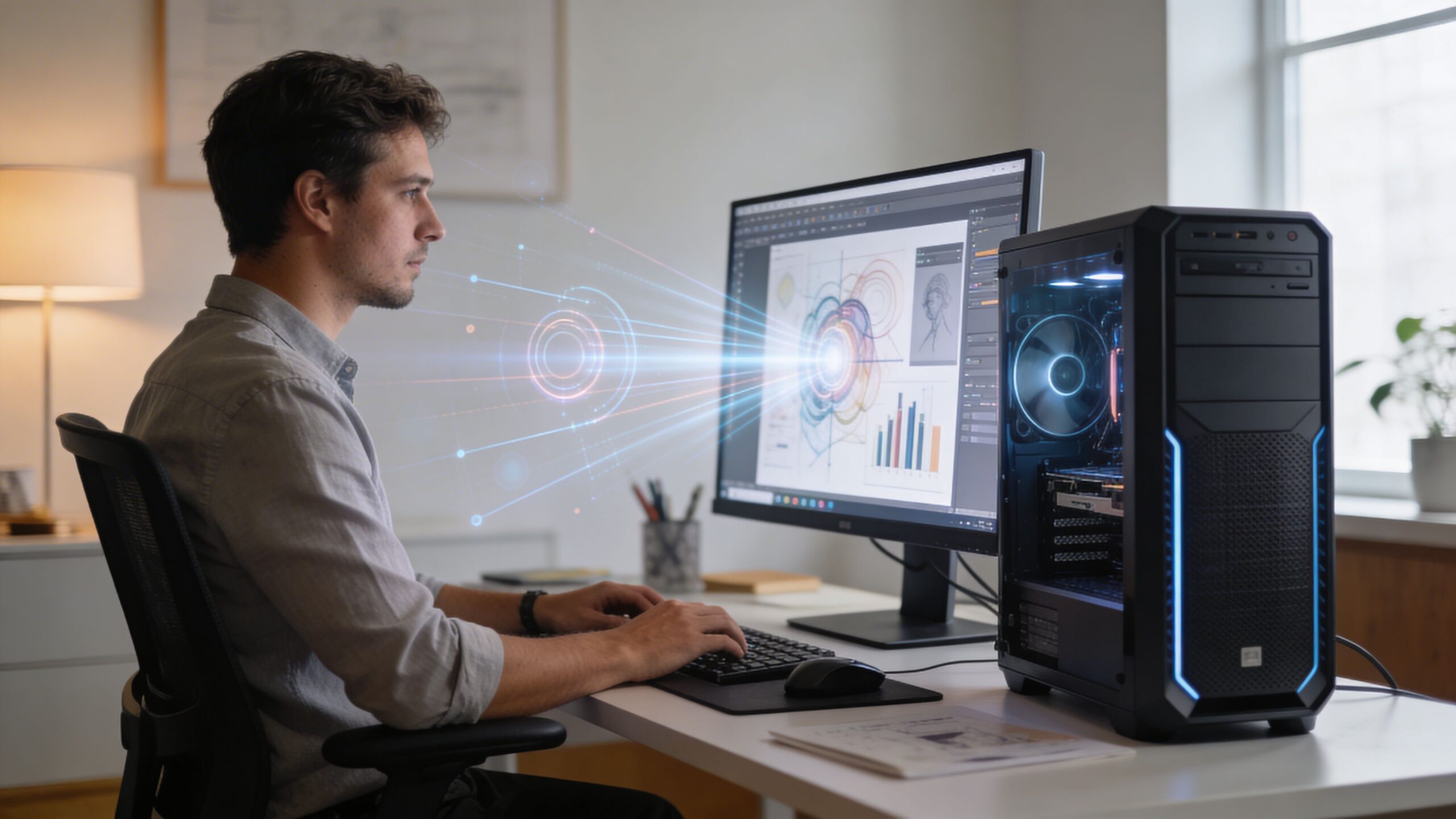 A professional man sitting at his desk using a computer to work on complex digital design projects.