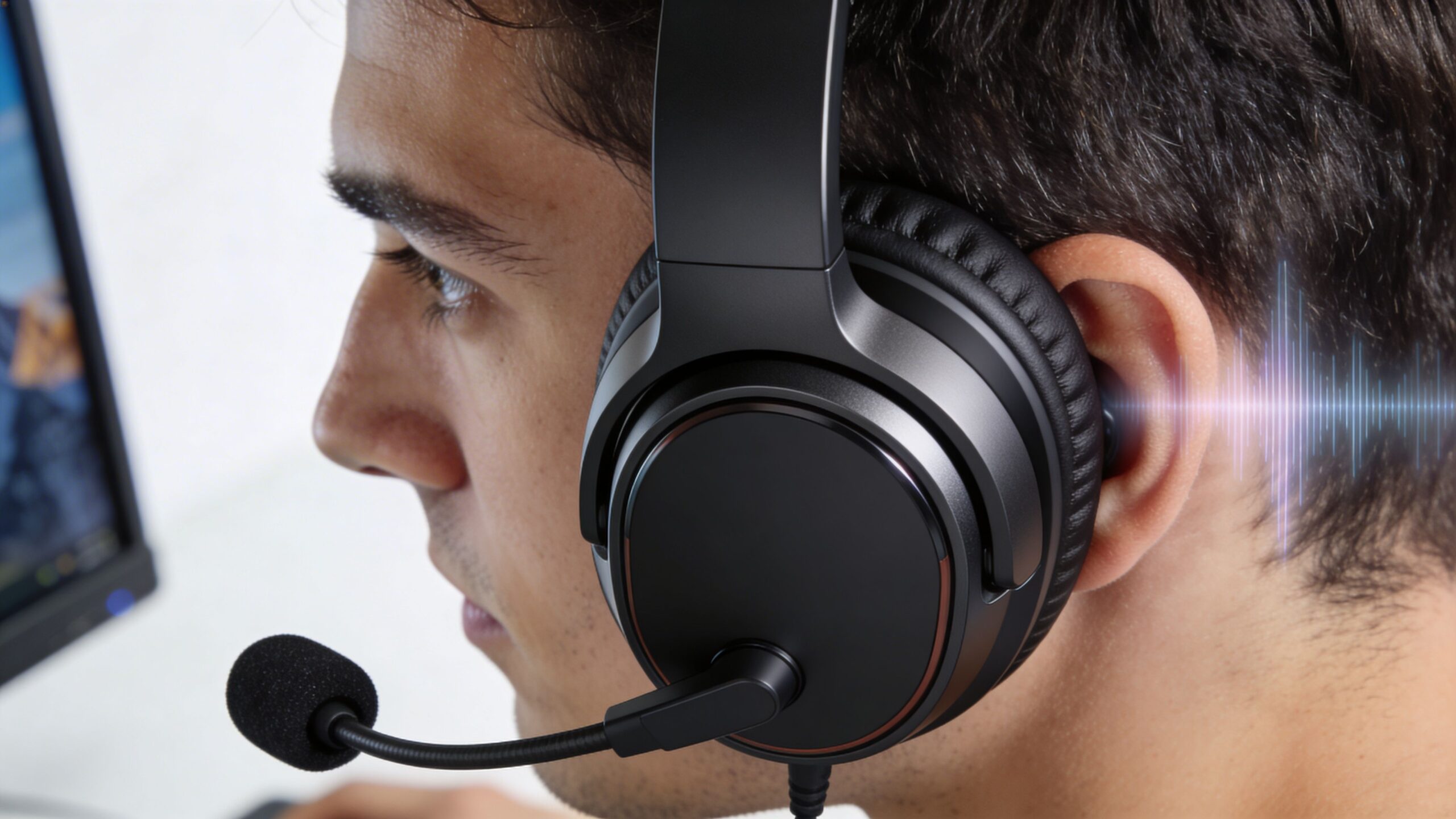 A close-up side view of a young man wearing professional gaming headphones while sitting at a computer.