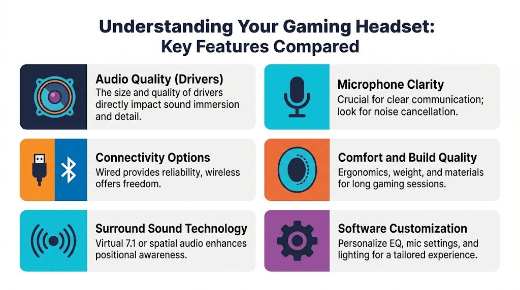 An infographic showing key features to consider when choosing a gaming headset for better performance.
