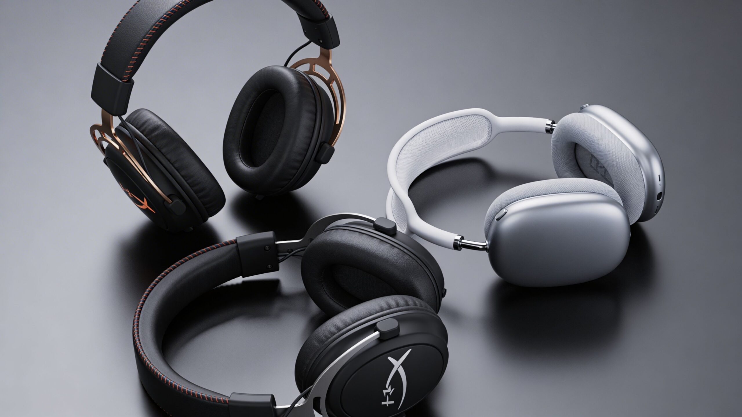 A collection of high-quality over-ear gaming headsets, including HyperX and Apple AirPods Max models on dark background.