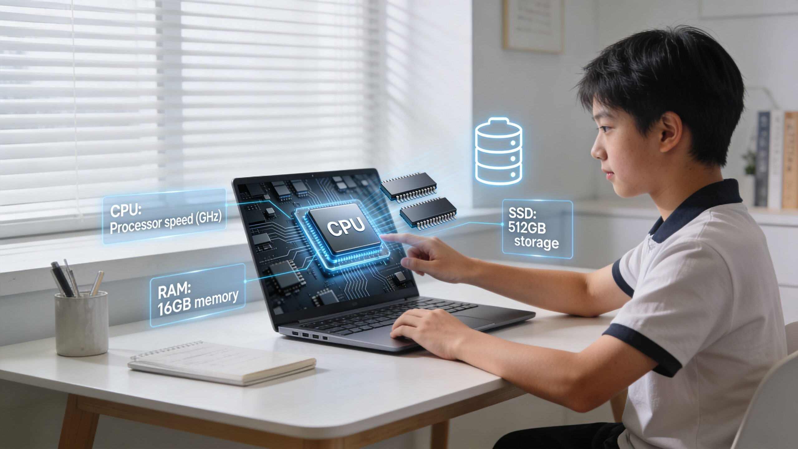 A student using a laptop with digital overlays representing CPU speed, 16GB RAM, and 512GB SSD storage.