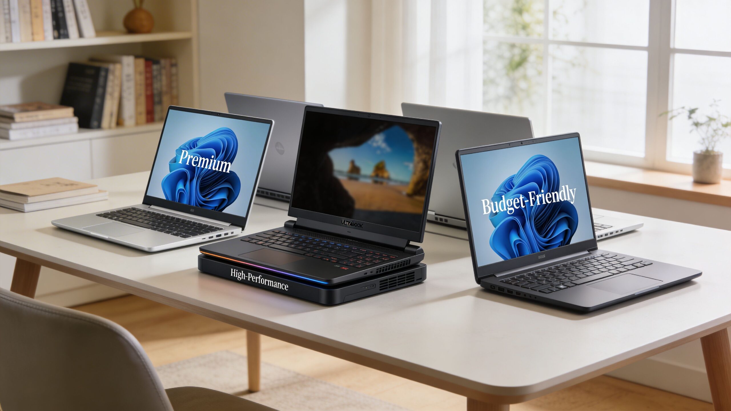 Three different laptops arranged on a desk, each categorized as premium, high-performance, or budget-friendly for students.