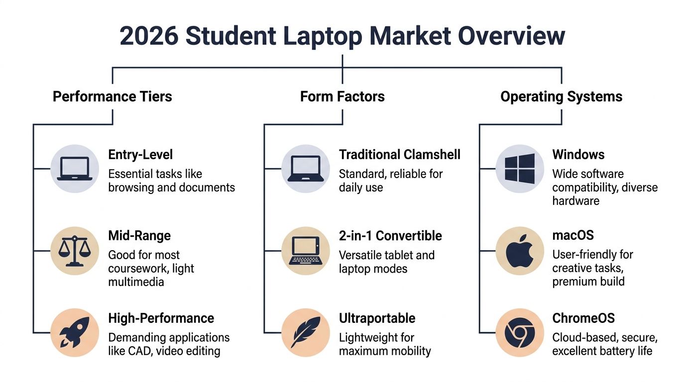 A 2026 market overview chart categorized by performance tiers, laptop form factors, and common operating systems.