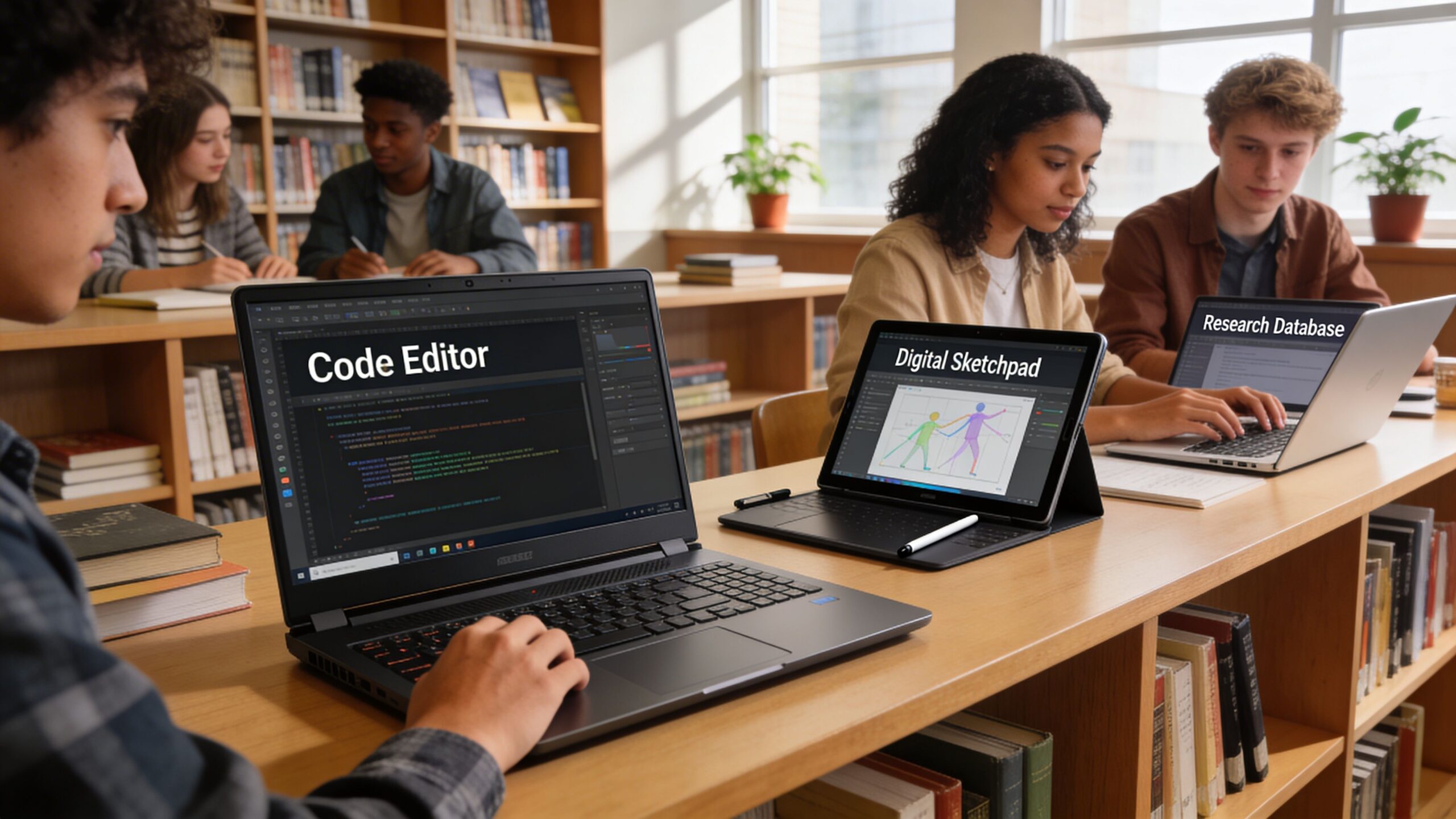 Diverse students working on laptops in a library setting with code, design, and research applications visible.