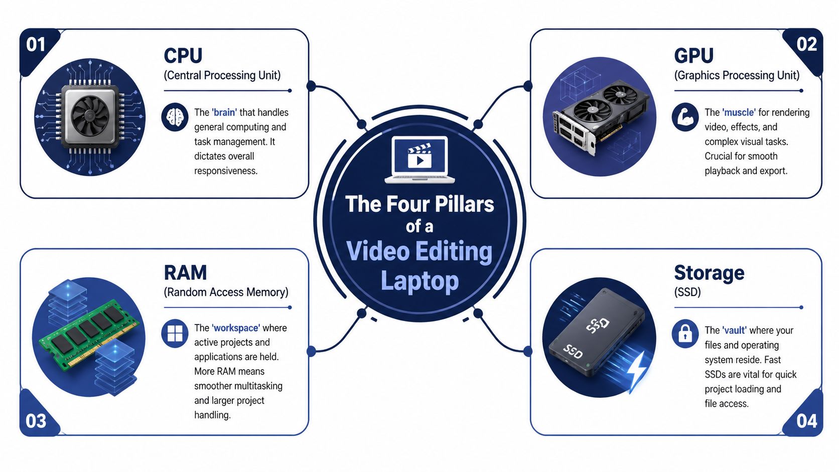 An infographic detailing the four essential hardware components of a high-performance video editing laptop, including CPU, GPU, RAM, and SSD.