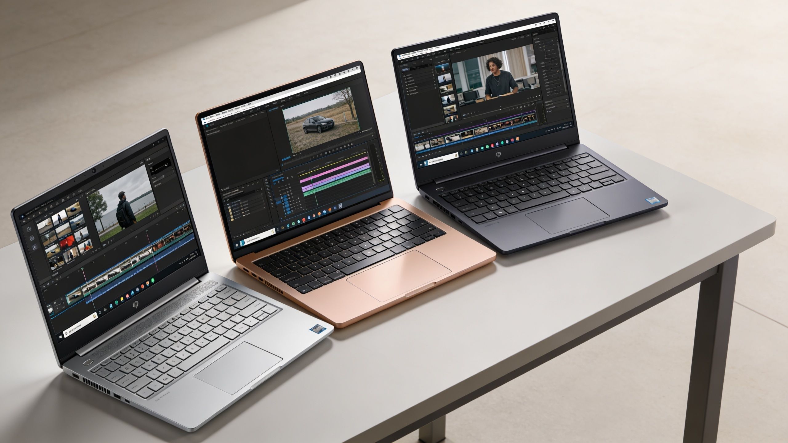 Three HP laptops placed on a white table displaying video editing software interfaces with various projects.