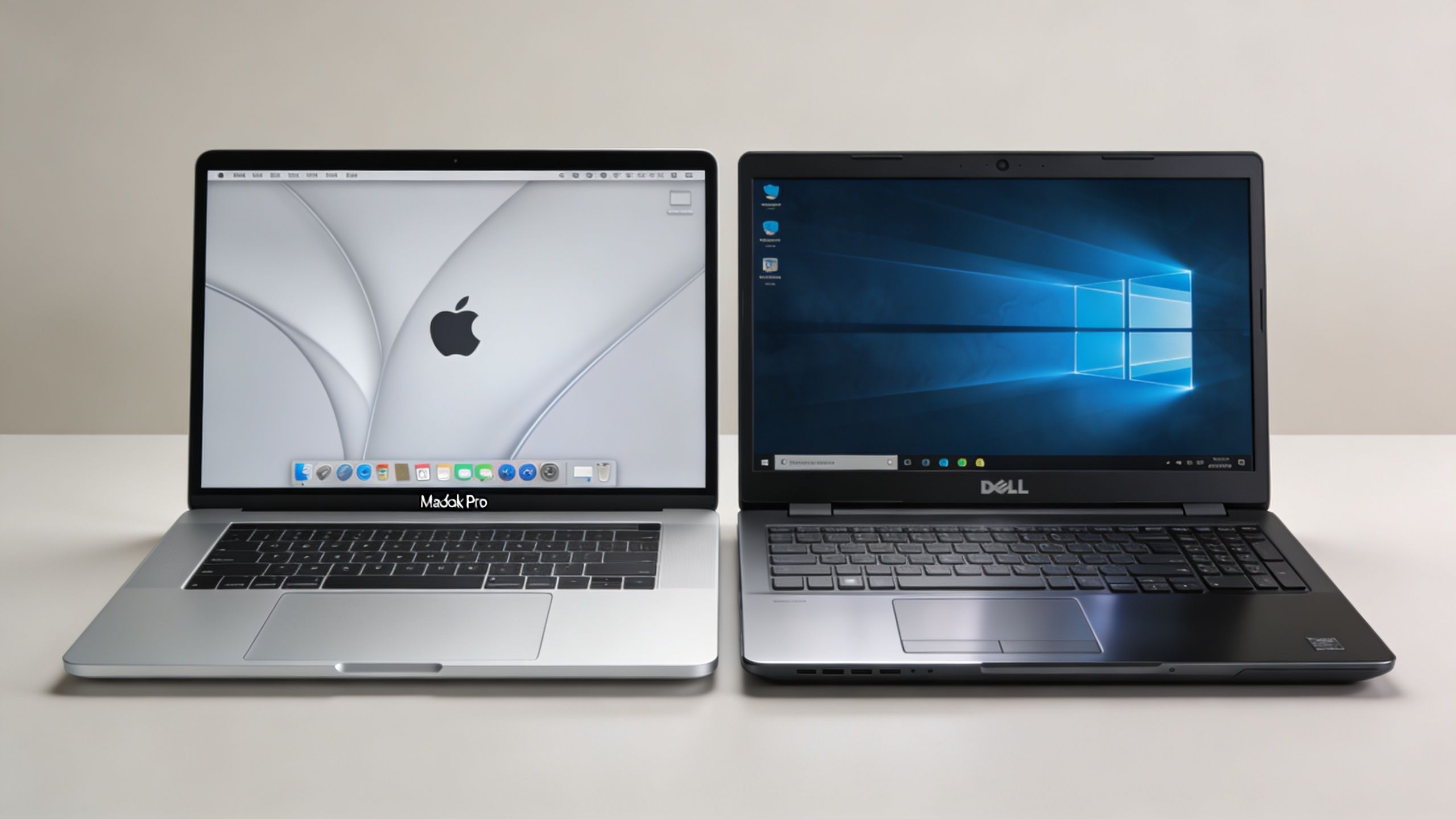 A silver MacBook Pro-style laptop alongside a black Dell laptop sitting on a clean, light-colored table.