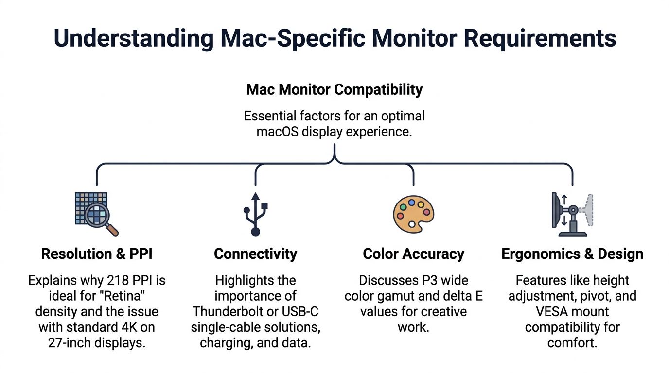 A diagram outlining the four essential factors for selecting an optimal Mac-compatible display monitor for users.