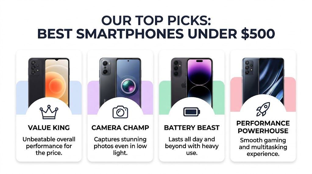 A graphic highlighting top smartphones under 500 dollars, showcasing categories like value, camera, battery, and performance.