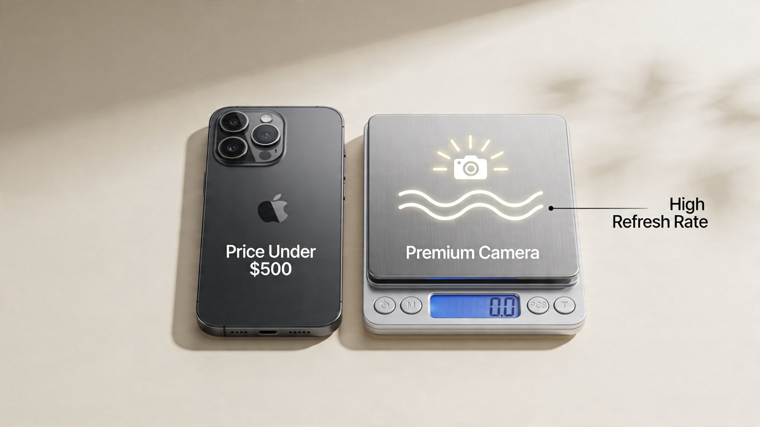 An Apple iPhone next to a digital scale displaying text about smartphone camera features and refresh rate.