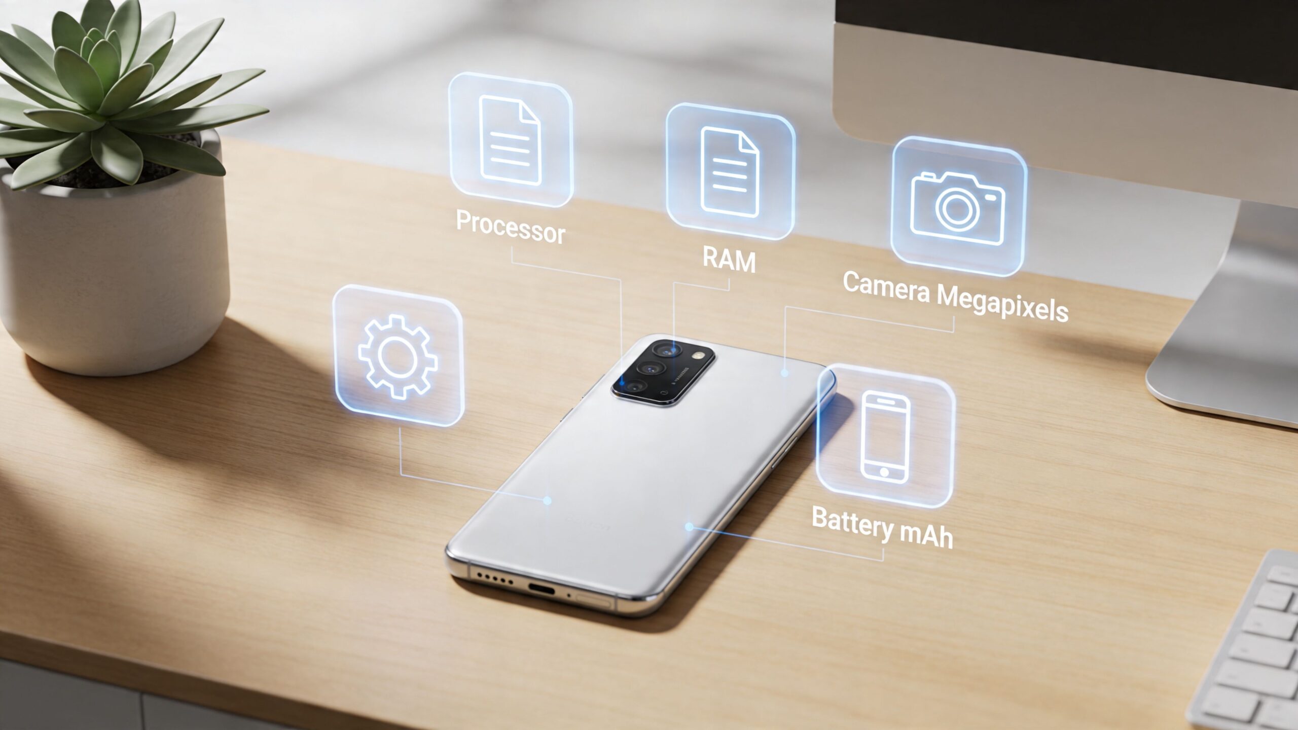 A silver smartphone on a wooden desk surrounded by floating holographic icons representing mobile phone hardware specifications.