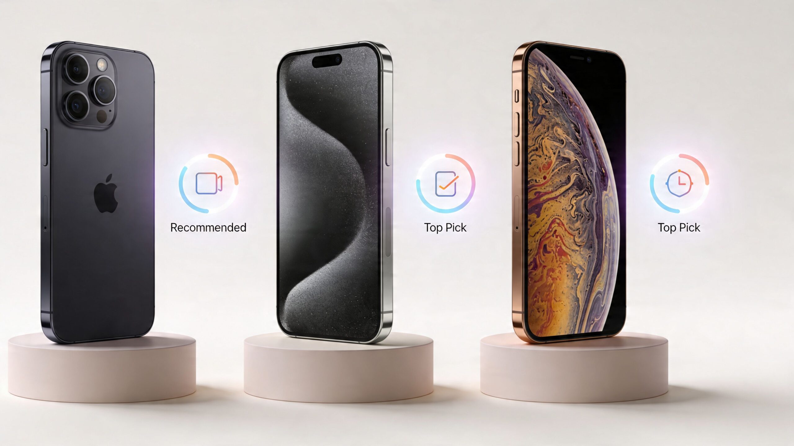 Three different smartphones displayed on pedestals as recommended top picks for potential mobile phone buyers.