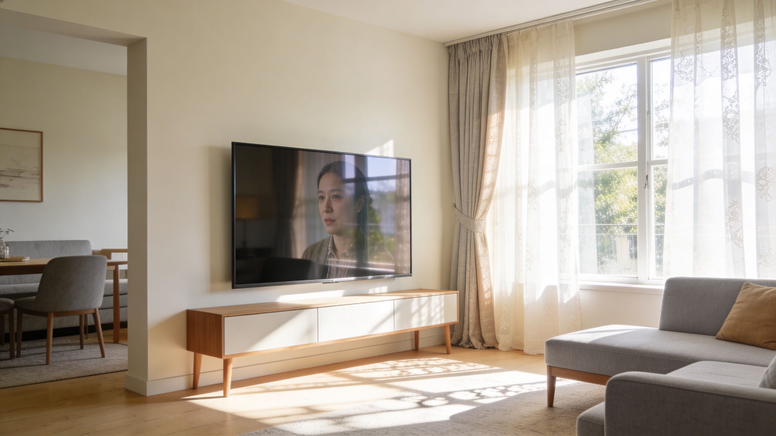 A bright, modern living room featuring a flat-screen TV mounted on a wall above a wooden console table.