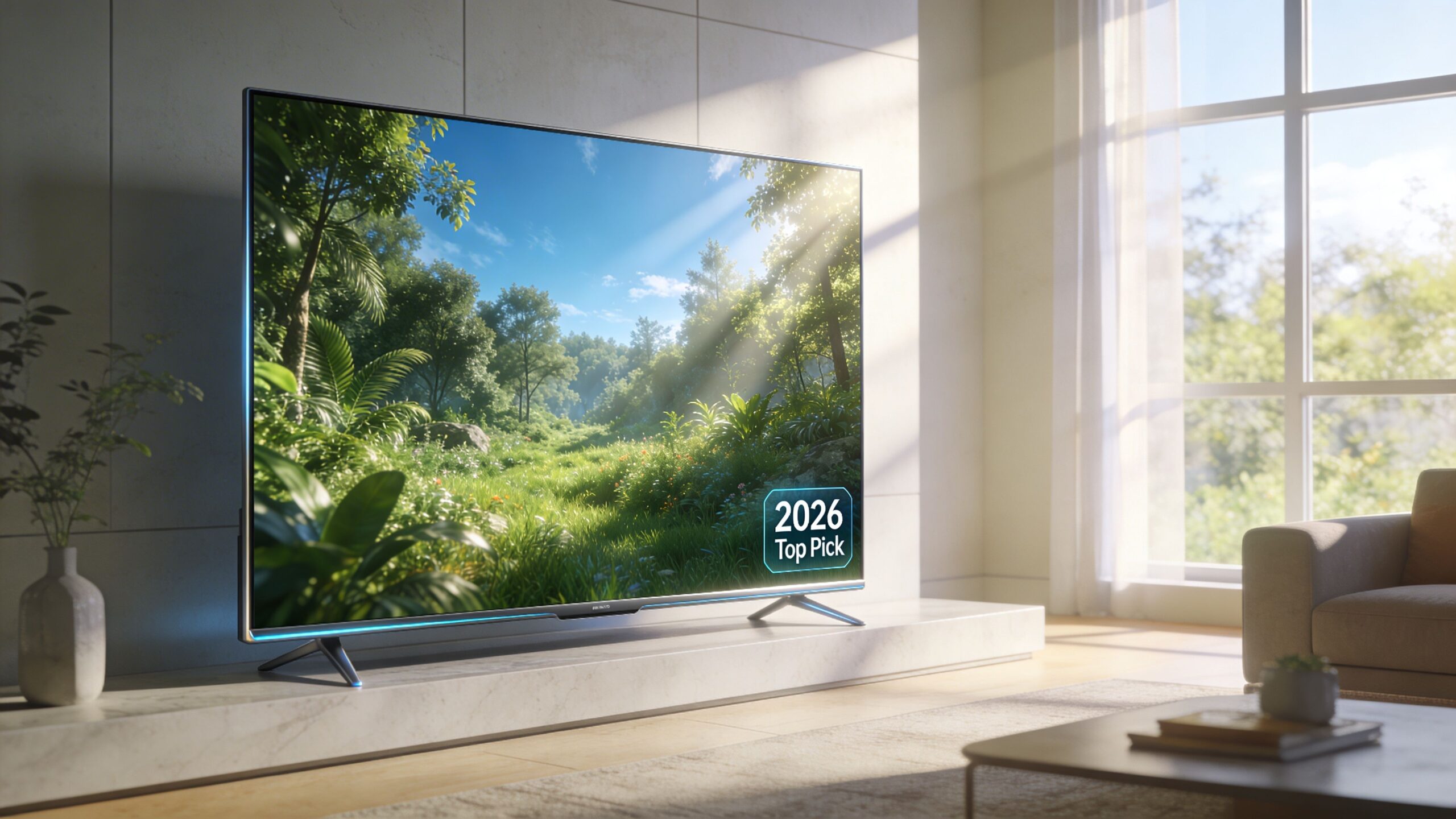 A modern flat screen television displaying a lush forest scene sits on a marble stand in a bright room.