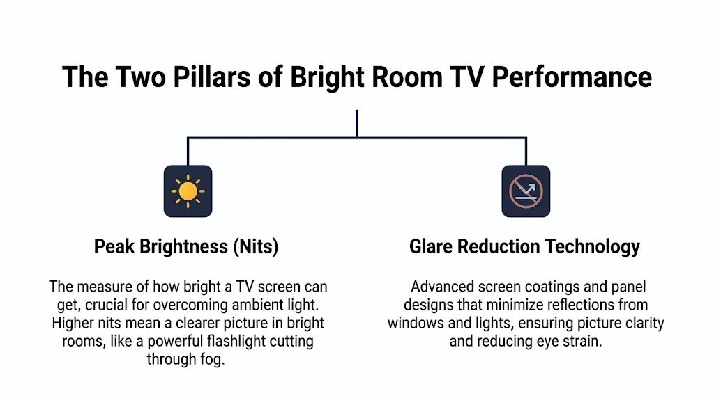 An infographic showing the two main factors for television performance in bright rooms: peak brightness and glare reduction.