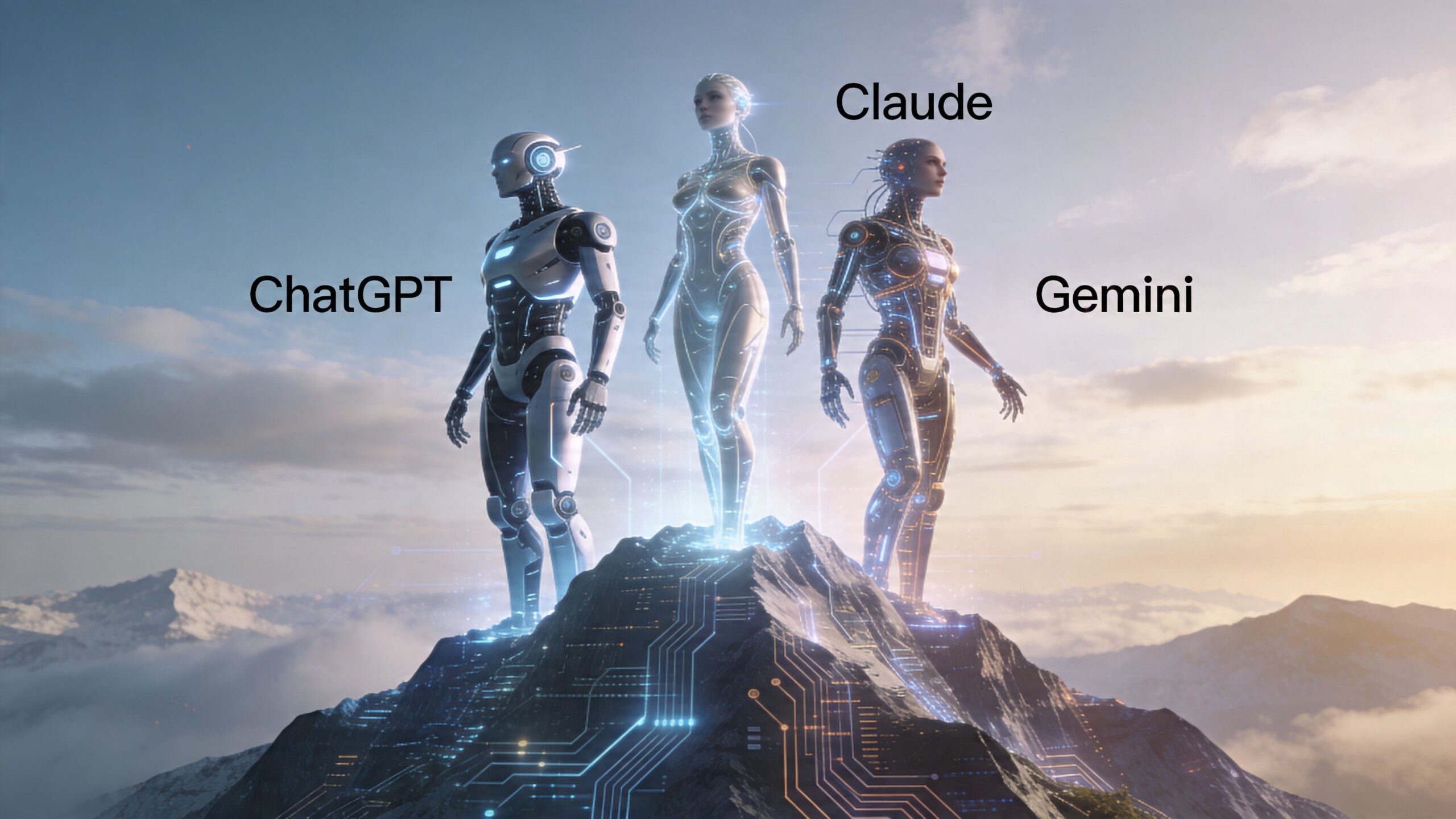 Three futuristic humanoid robots standing on a mountain peak representing ChatGPT, Claude, and Gemini AI technologies.