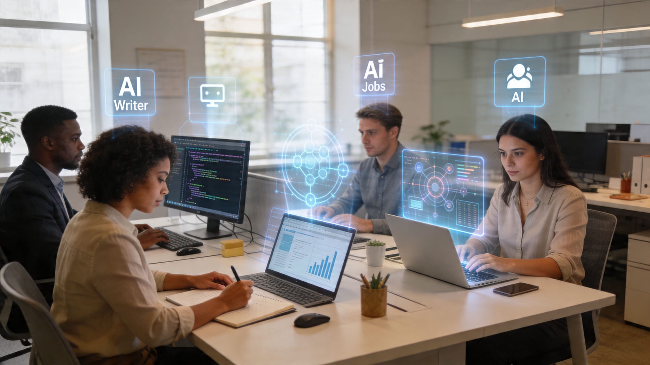 A professional team working in a modern office with digital AI interface overlays on their computers.