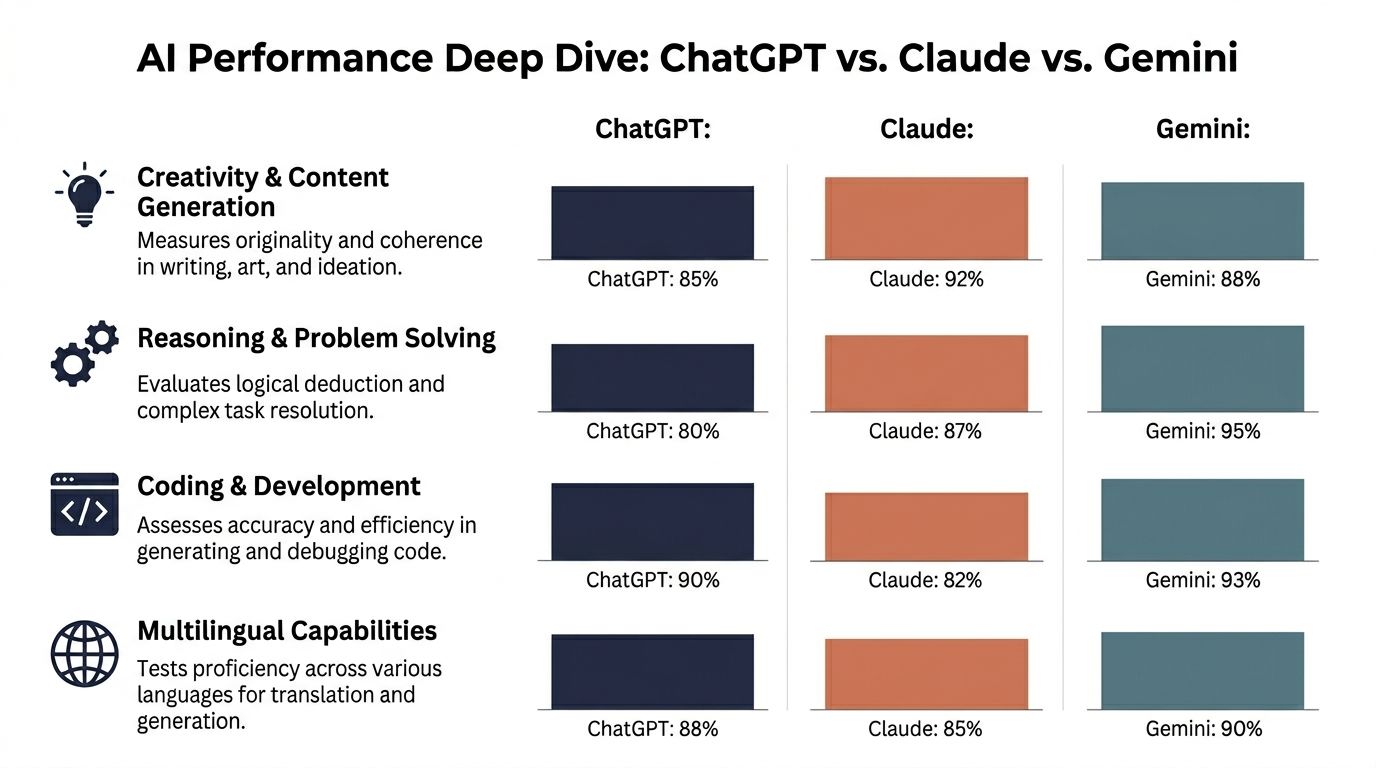 A comparison chart showing performance percentages for ChatGPT, Claude, and Gemini across four key AI capabilities.