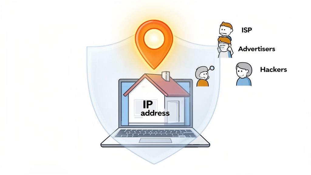 A shield protecting a laptop's IP address and location from ISP, advertisers, and hackers.