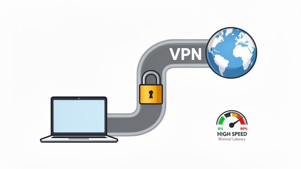 Illustration of a laptop connecting via a secure VPN tunnel to the internet, indicating high speed and minimal latency.