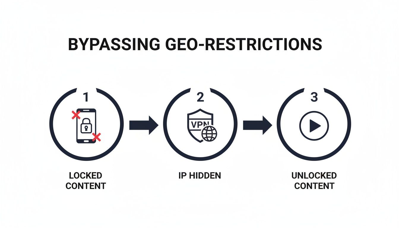 A step-by-step diagram shows bypassing geo-restrictions using a VPN to unlock content.
