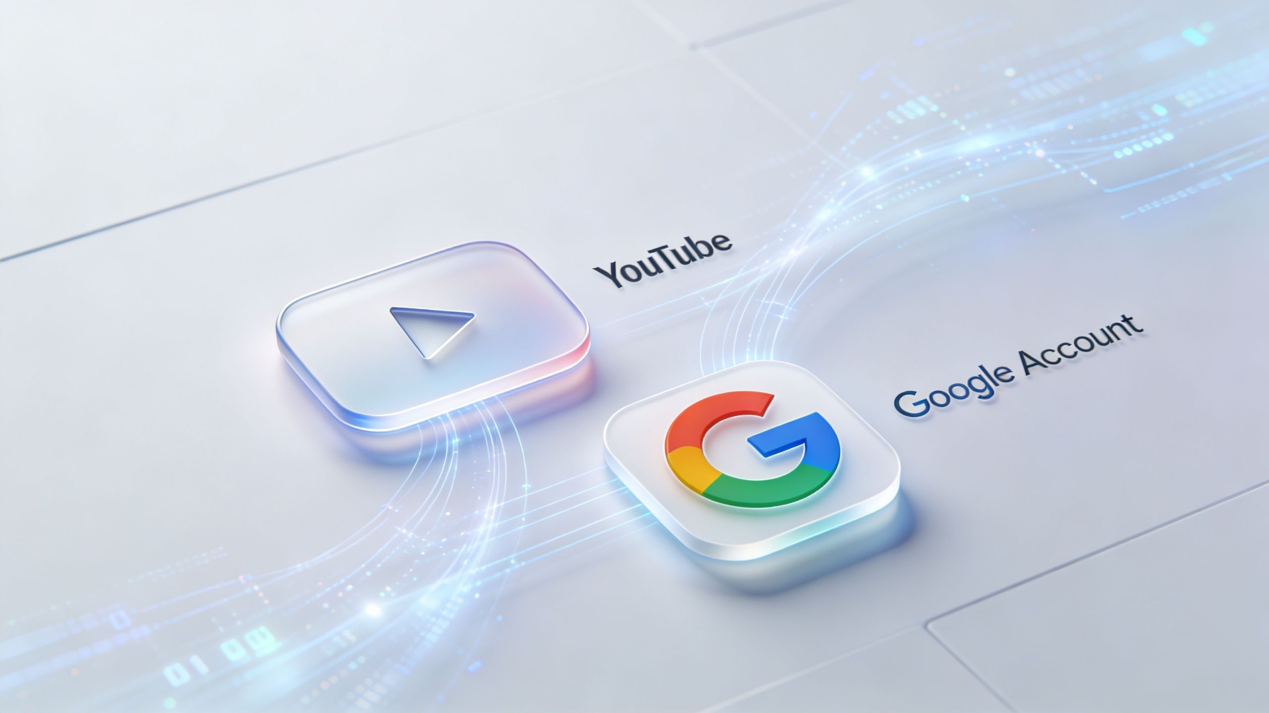A 3D illustration showing a YouTube logo connected to a Google Account icon via digital data lines.