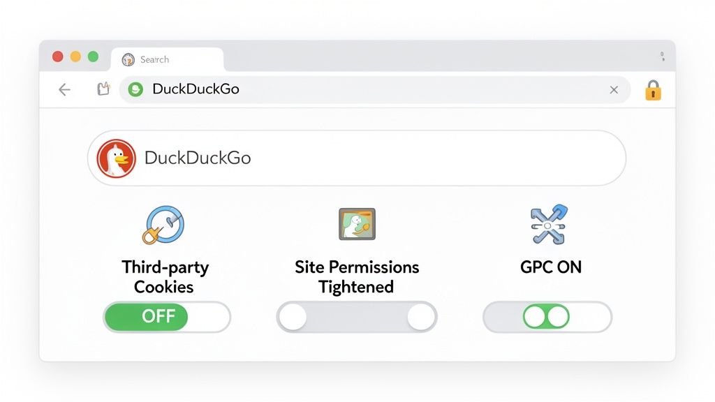 A DuckDuckGo browser window displaying privacy settings for third-party cookies, site permissions, and GPC.