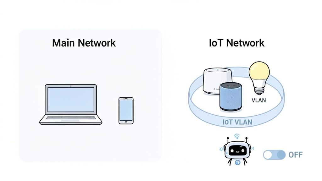Illustration comparing a main network of personal devices with a segregated IoT network in a VLAN.