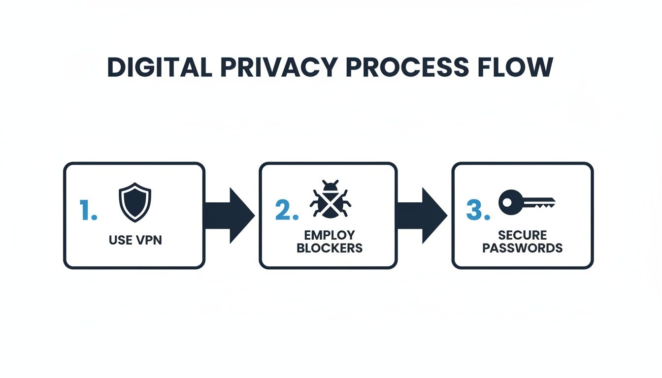 Flowchart showing three steps for digital privacy: use VPN, employ blockers, and secure passwords.