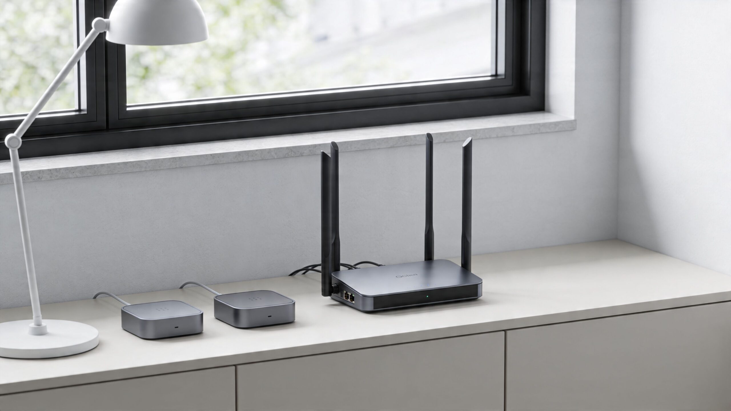 A sleek dark grey internet router with four antennas sits on a modern white desk next to two compact smart home devices.