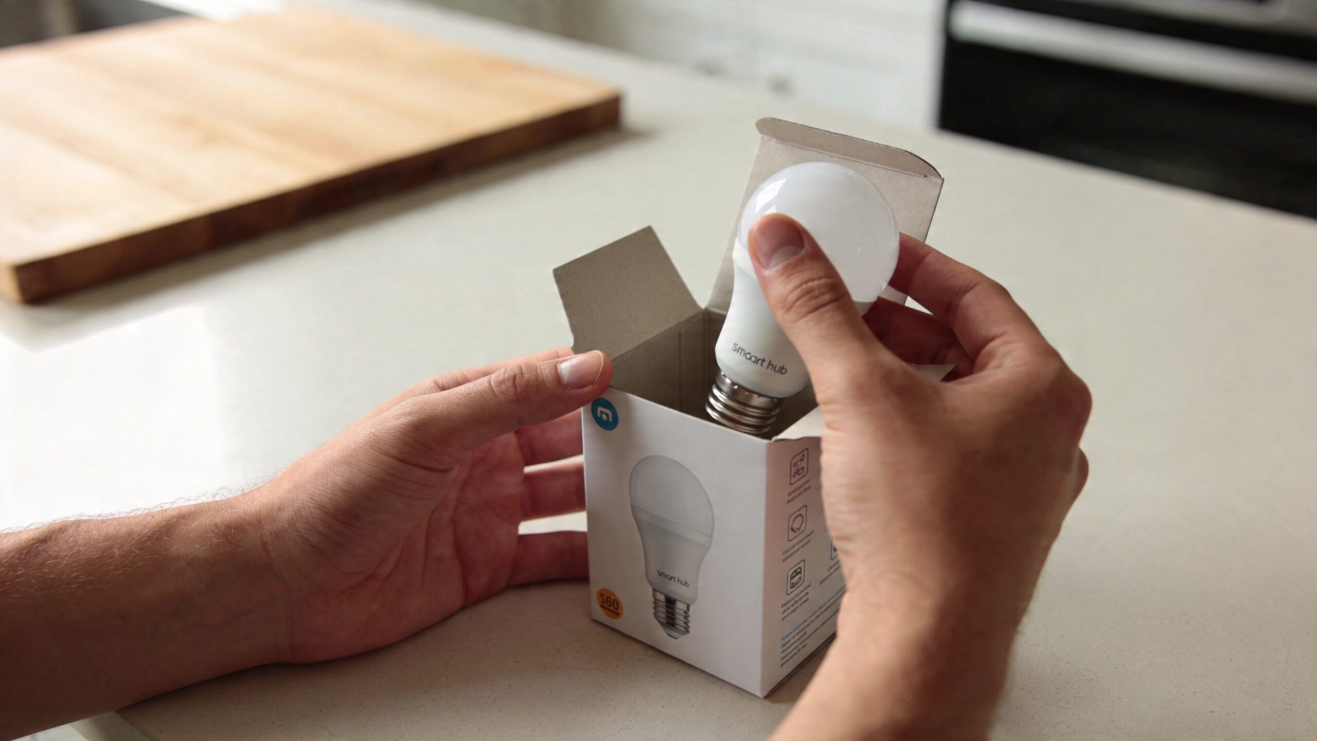 A person unboxing a new smart LED light bulb from its cardboard packaging at a kitchen counter.
