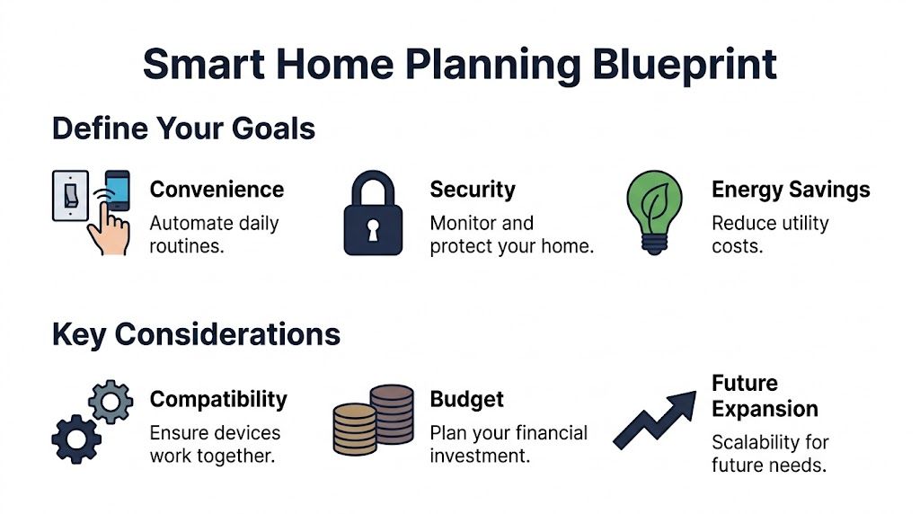 A visual guide outlining key goals and considerations for planning an effective smart home automation system setup.