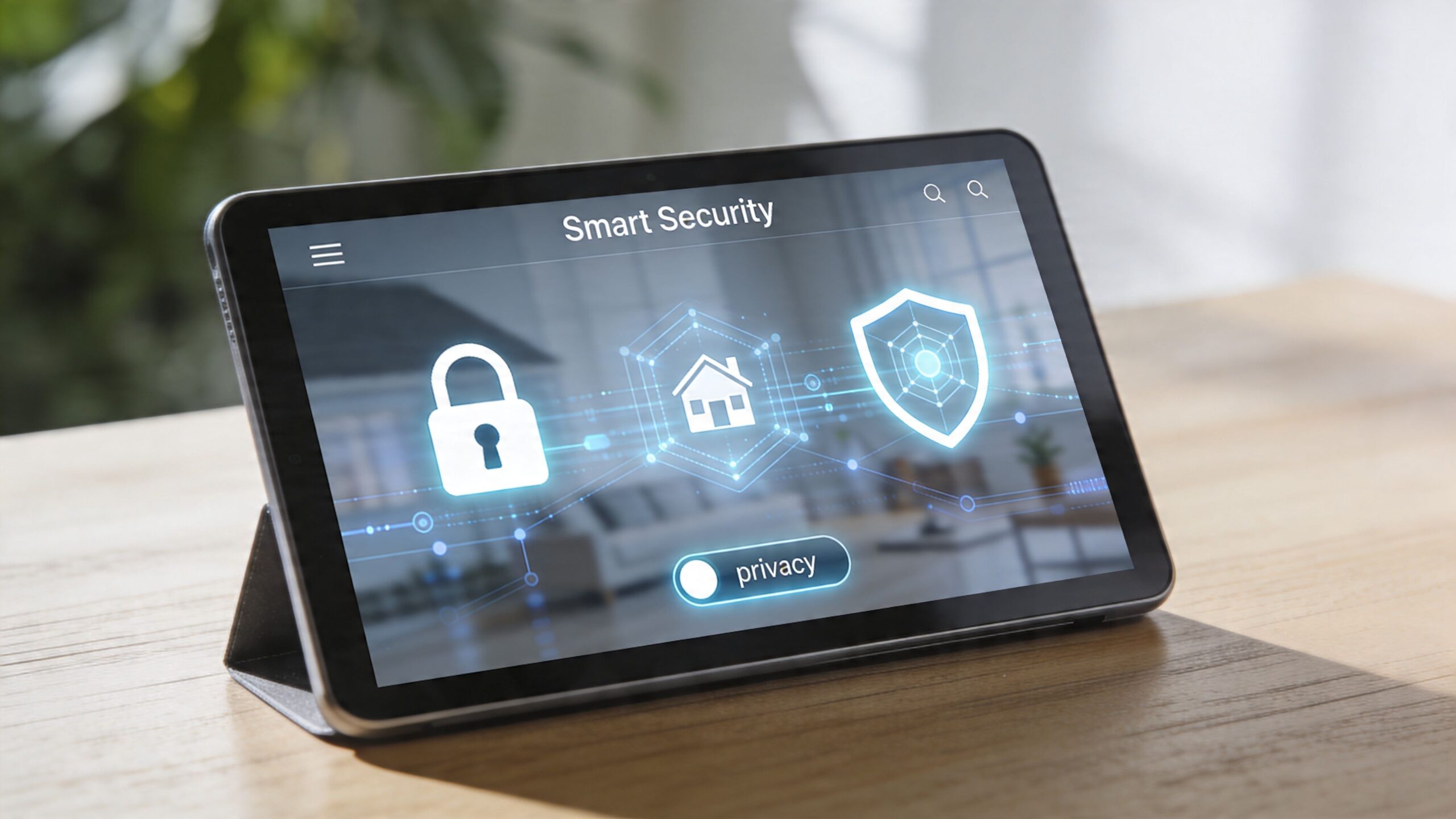 A digital tablet displaying a smart security home management app interface on a wooden desk.