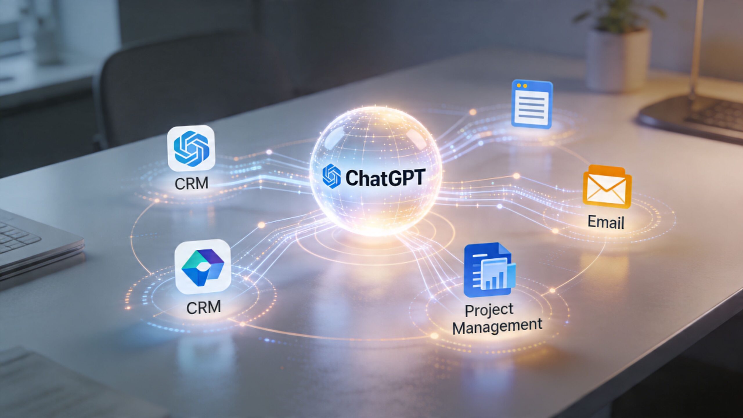 A digital graphic showing ChatGPT connecting to business tools like CRM, email, and project management software.