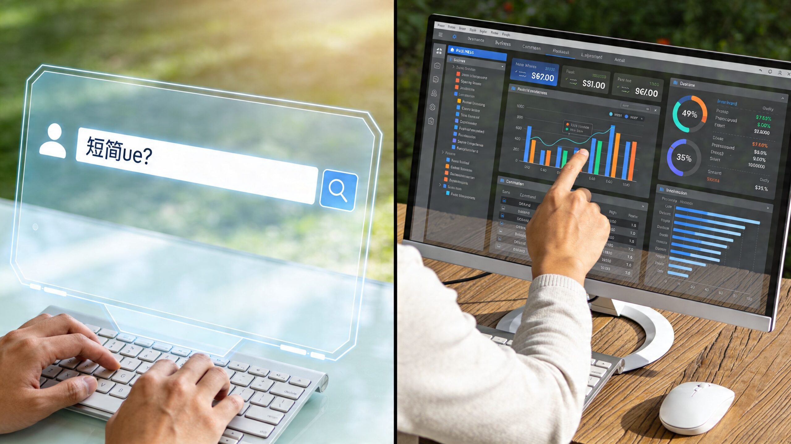 A split-screen view showing a user typing a search query and a person analyzing business data charts.