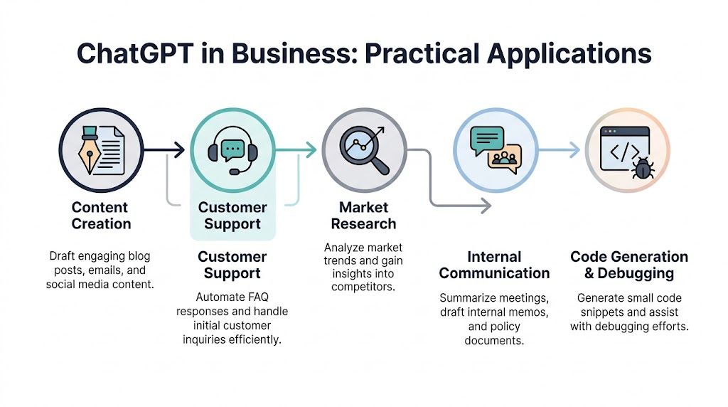 A diagram illustrating five practical business applications for ChatGPT including content creation, customer support, and coding.
