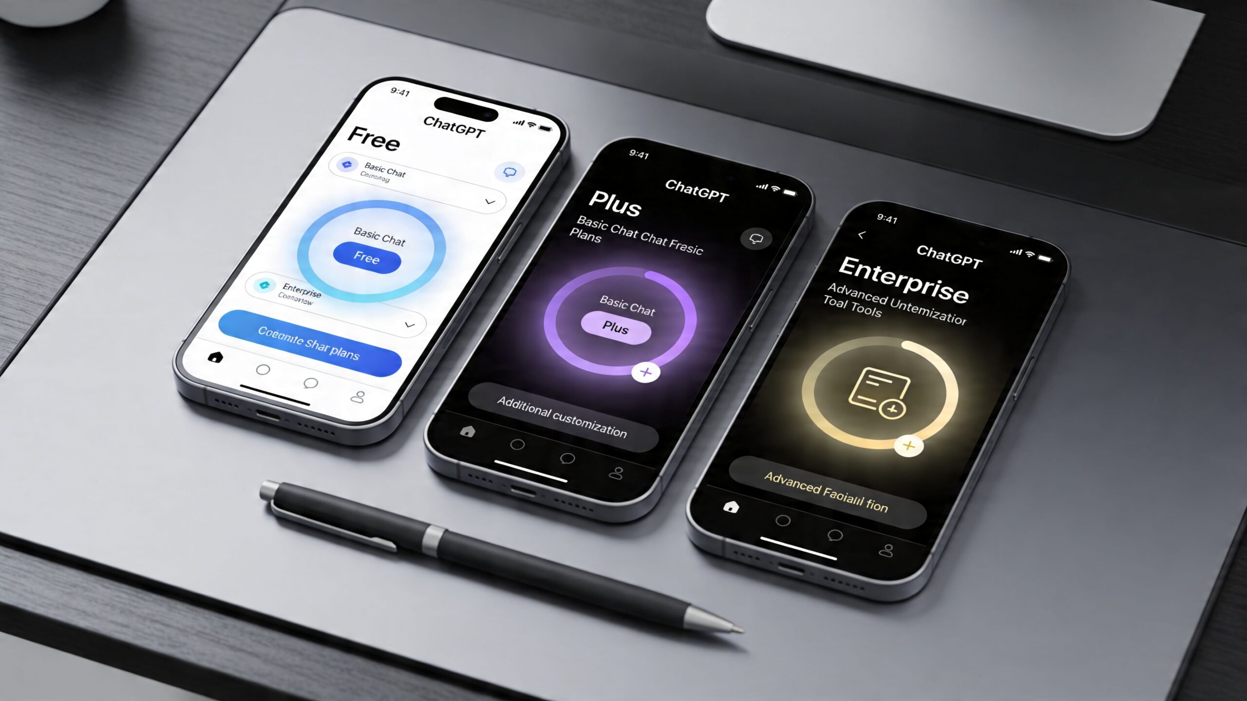 Three smartphones displaying different ChatGPT subscription plan interfaces on a clean, modern desk with a pen.