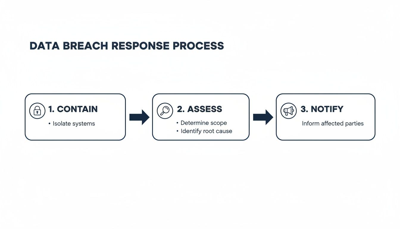 Diagram showing the data breach response process with steps: Contain, Assess, and Notify affected parties.