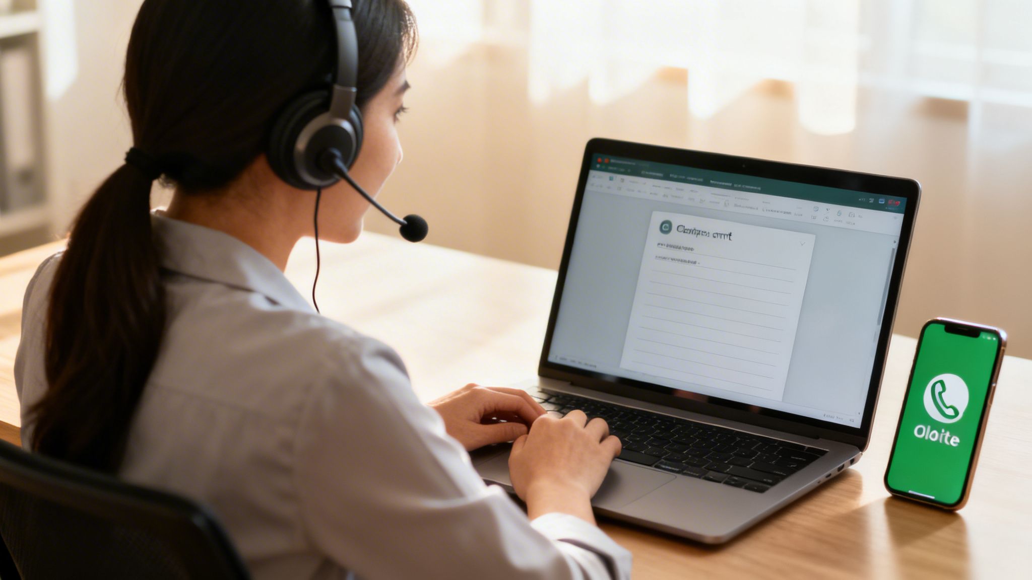 A woman wearing a headset and typing on a laptop, with a smartphone displaying a call app.